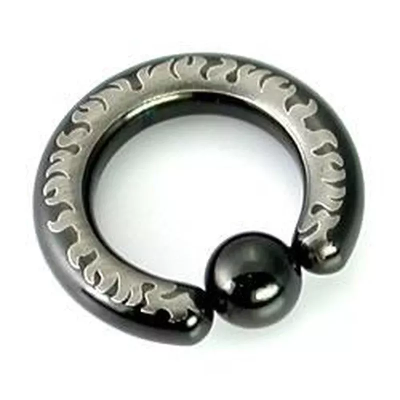 10g-4g-black-titanium-coated-stainless-steel-captive-ring-with-flames 10g-4g Black Titanium-Coated Stainless Steel Captive Ring With Flames