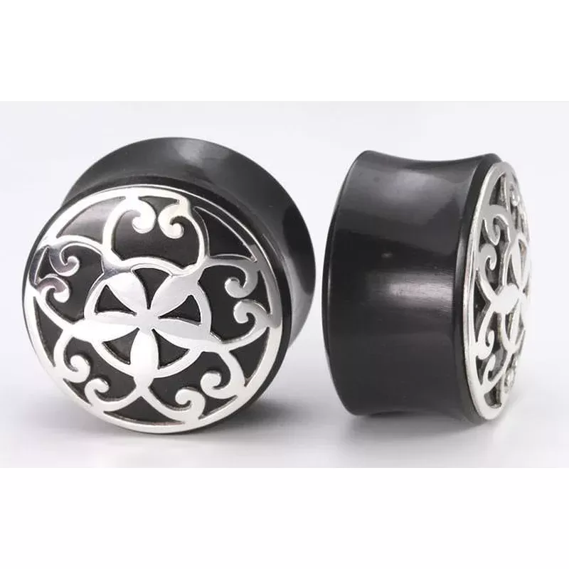 925-flower-silver-cap-over-double-flared-horn-organic-plug-10mm-26mm-price-per-1 .925 Flower Silver Cap over a Double Flared Horn Organic Plug 10mm-26mm – Price Per 1