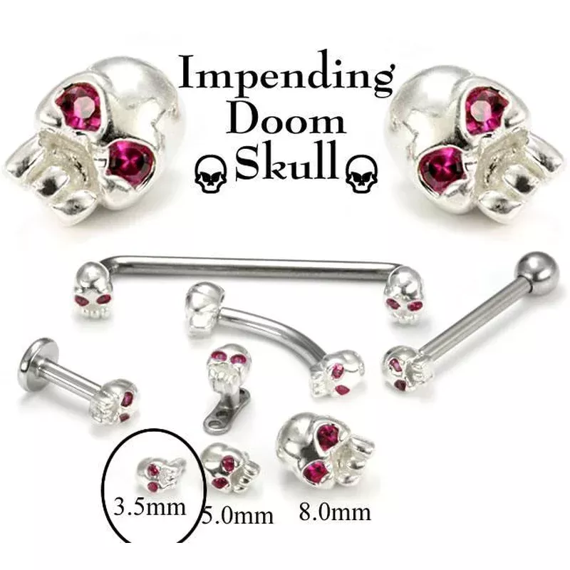 .925 Sterling Silver Internally 1.2mm(14g) Threaded 3.5mm SKULL with RED Gem Eyes – Price Per 1