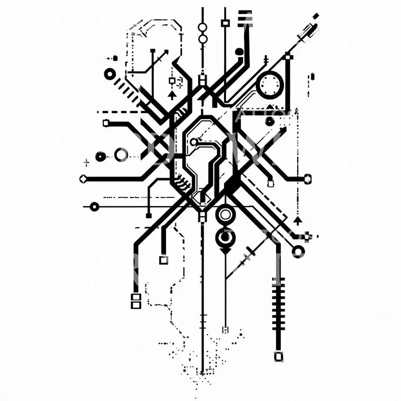 abstract-tech-inspired-geometric-circuitry-tattoo-idea Abstract Tech-Inspired Geometric Circuitry Tattoo Idea