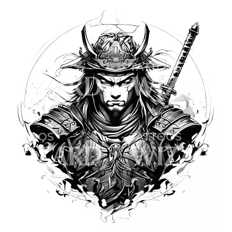 anime-samurai-warrior-portrait-tattoo-design Anime Samurai Warrior Portrait Tattoo Design