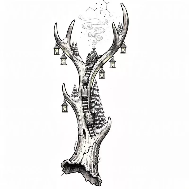 antler-train-lanterns-tattoo-design Antler Train Lanterns Tattoo Design