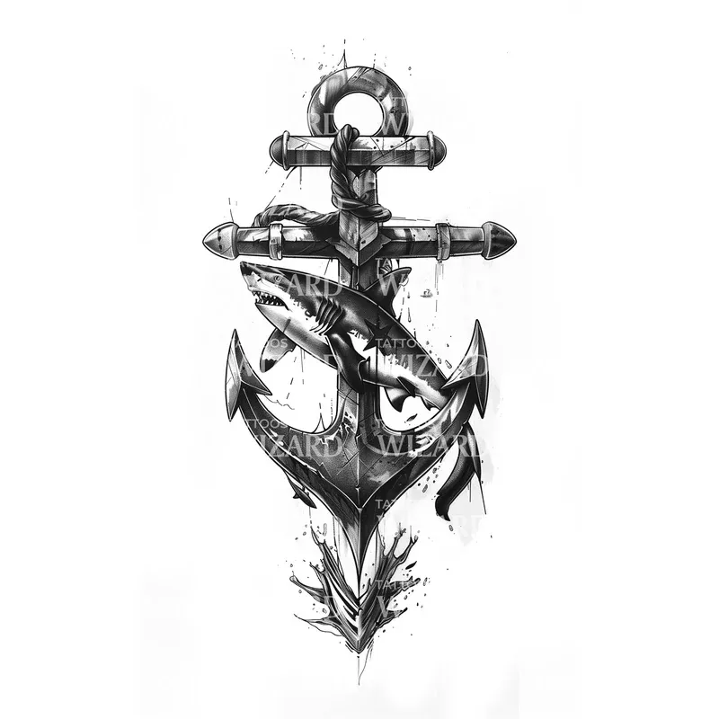 black-grey-anchor-shark-tattoo-design Black & Grey Anchor and Shark Tattoo Design