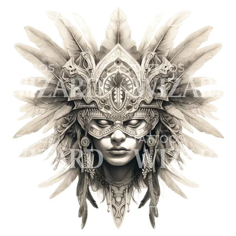 black-grey-warrior-shaman-lady-head-tattoo-design Black and Grey Warrior Shaman Lady Head Tattoo Design
