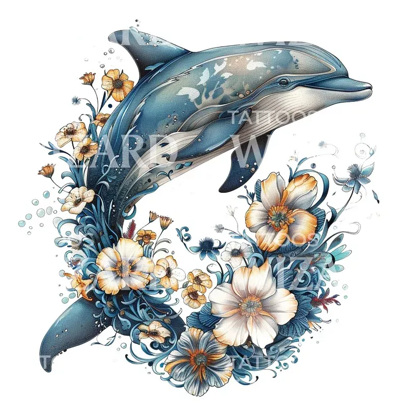 blue-dolphin-flowers-tattoo-design Blue Dolphin and Flowers Tattoo Design