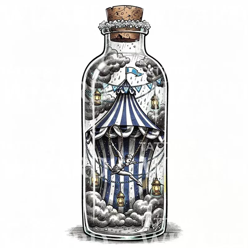 bottled-circus-dream-tattoo-design Bottled Circus Dream Tattoo Design