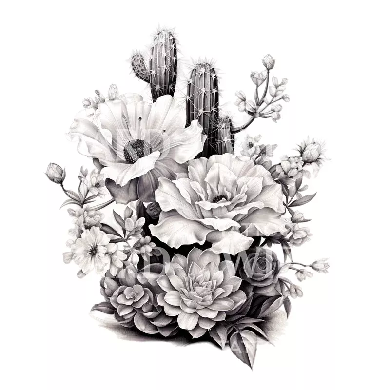 Cacti and Flowers Bouquet Tattoo Design