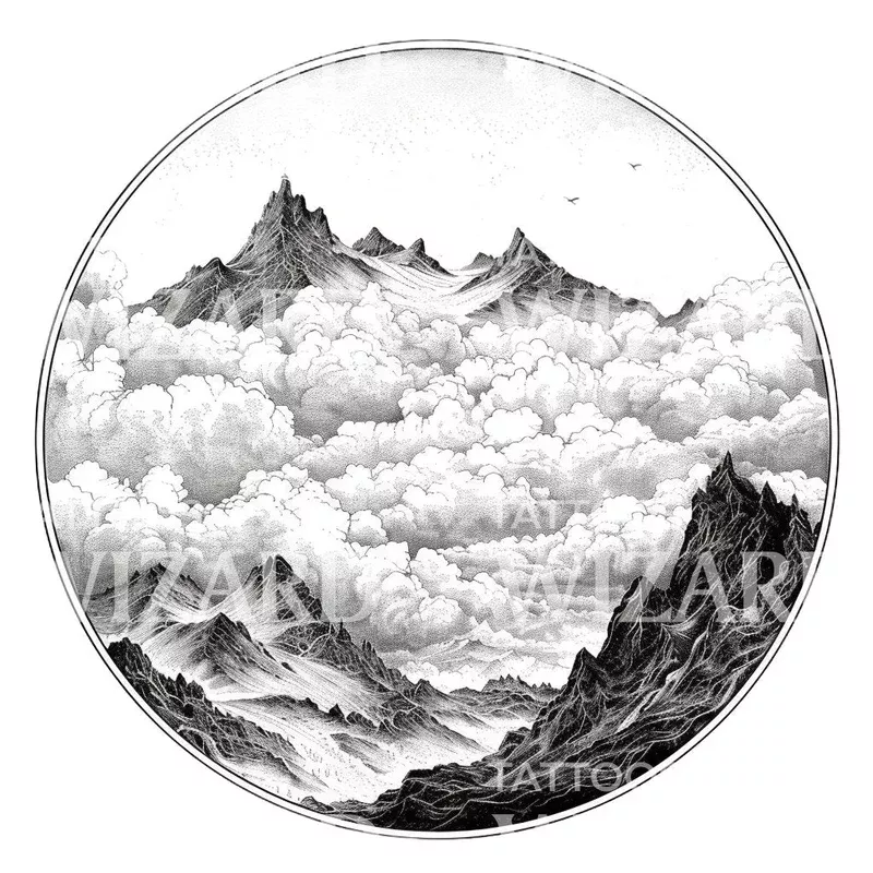 circular-mountain-cloudy-landscape-tattoo-design Circular Mountain Cloudy Landscape Tattoo Design