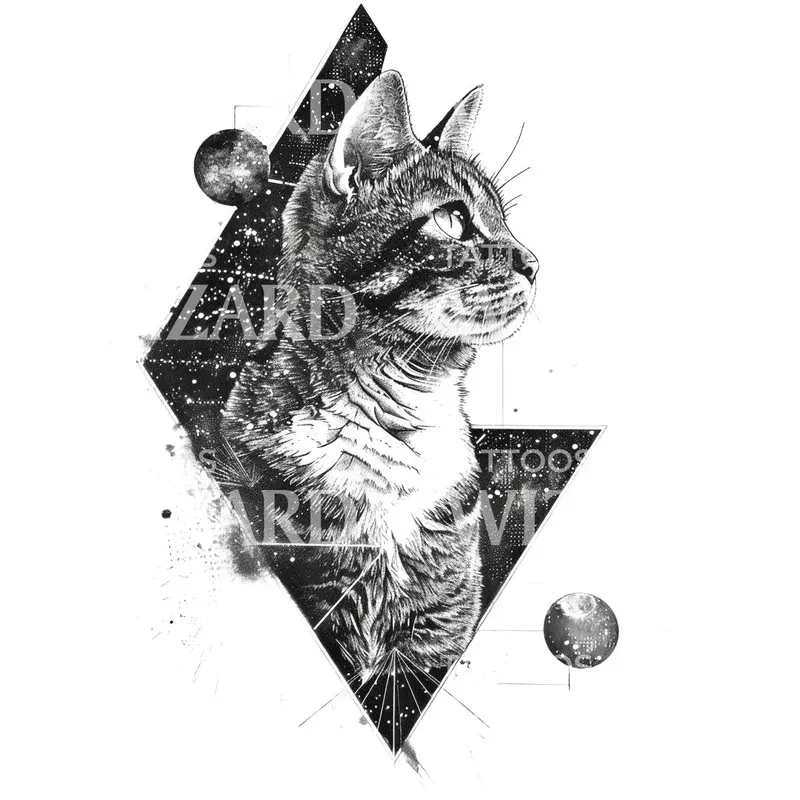 Cosmic Geometry Cat Tattoo Design