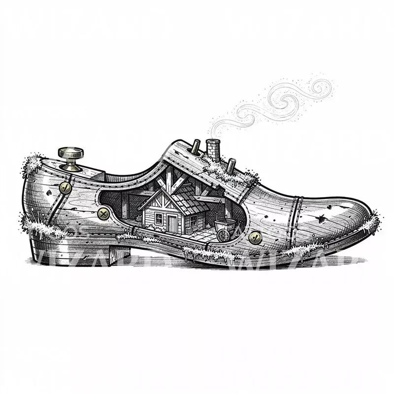 cottage-inside-shoe-tattoo-illustration Cottage Inside Shoe Tattoo Illustration
