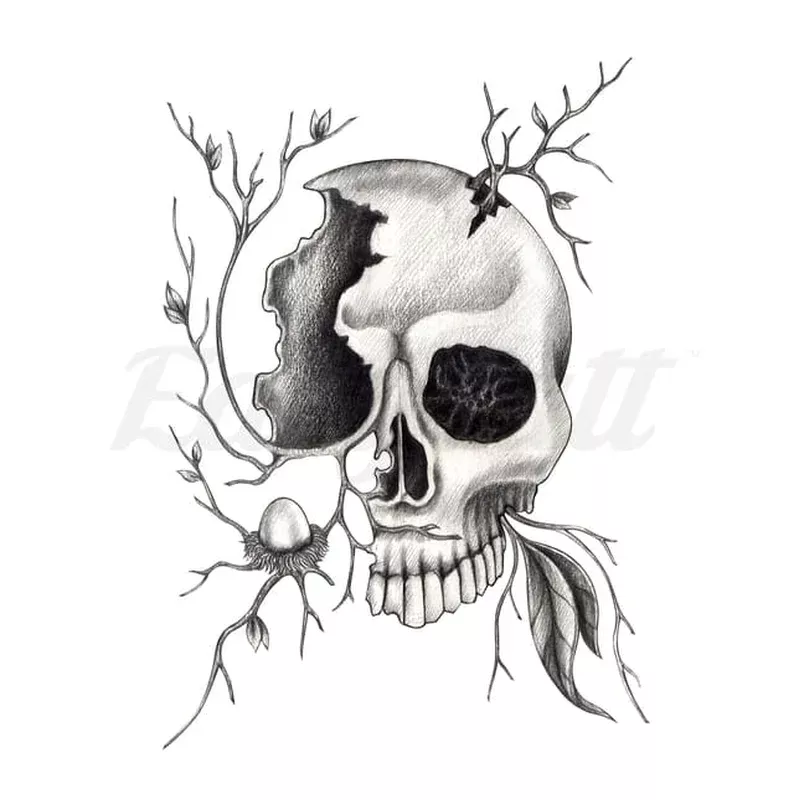 Cracked Skull with Leaves – Temporary Tattoo