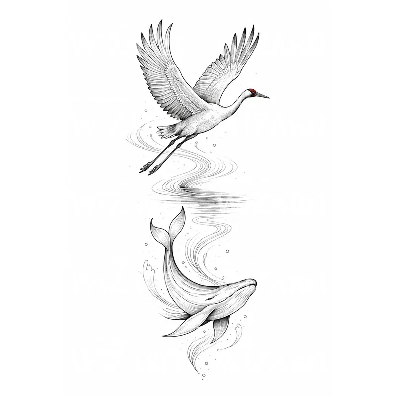 crane-whale-harmony-tattoo-illustration Crane Whale Harmony Tattoo Illustration