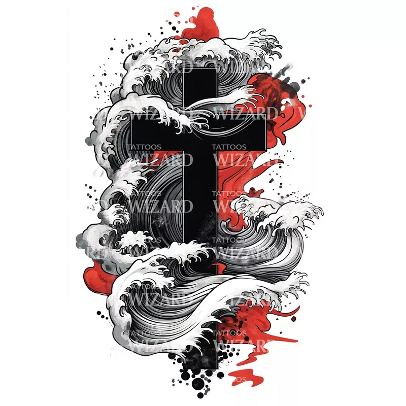 crimson-splash-wave-cross-tattoo-design Crimson Splash Wave Cross Tattoo Design