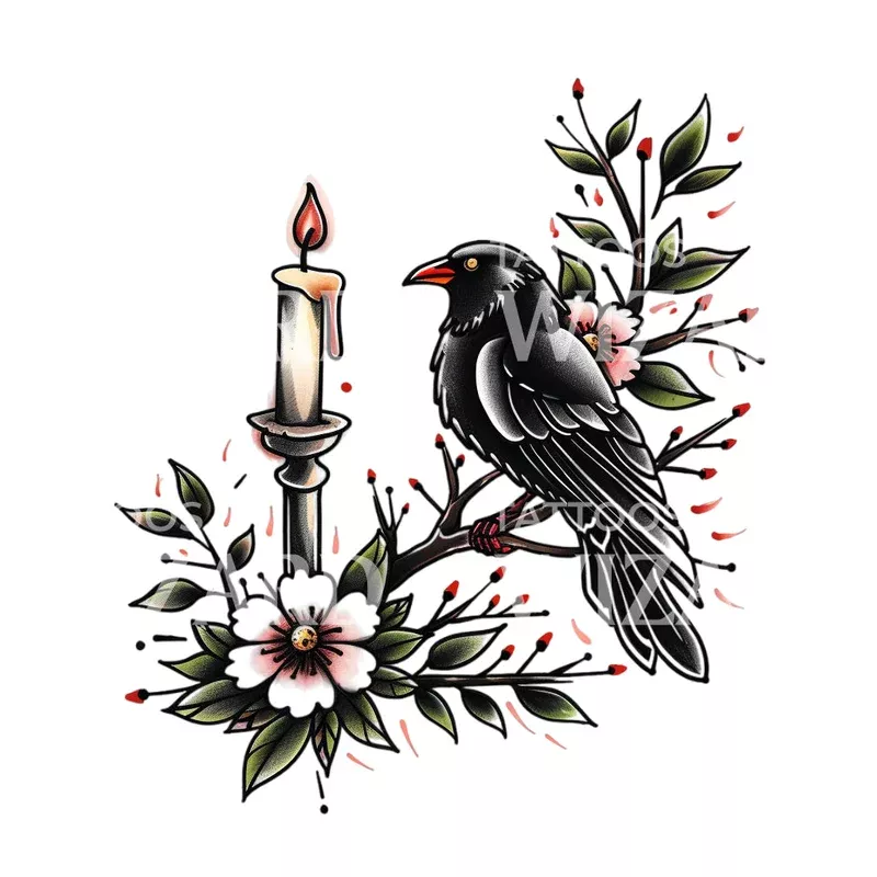 crow-candle-old-school-tattoo-design Crow and Candle Old School Tattoo Design