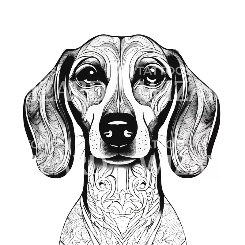dachshund-dog-head-with-patterns-tattoo-design Dachshund Dog Head with Patterns Tattoo Design