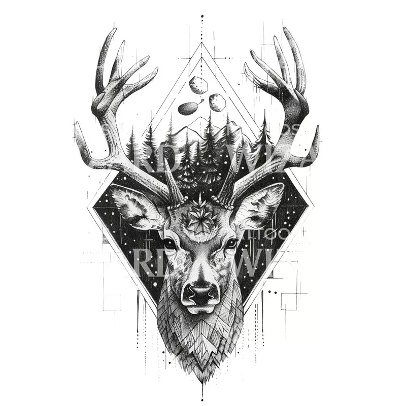 Deer Landscape Geometry Tattoo Design