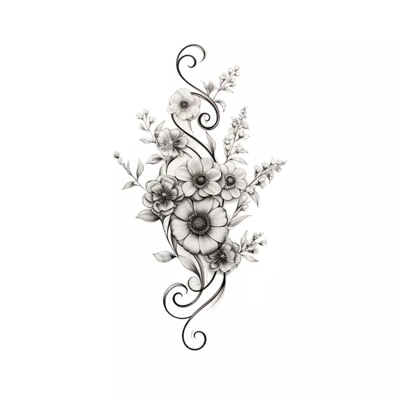 Delicate Fine Line Flowers Tattoo Design
