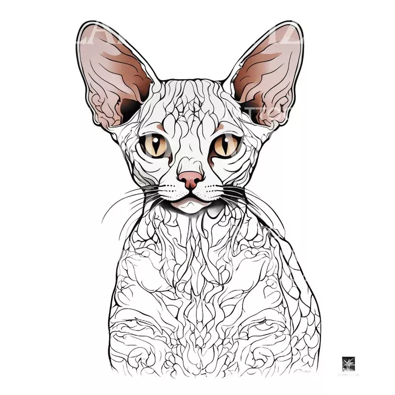 devon-rex-cat-head-with-patterns-tattoo-design Devon Rex Cat Head with Patterns Tattoo Design