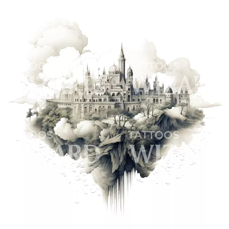 dotwork-floating-city-landscape-tattoo-design Dotwork Floating City Landscape Tattoo Design