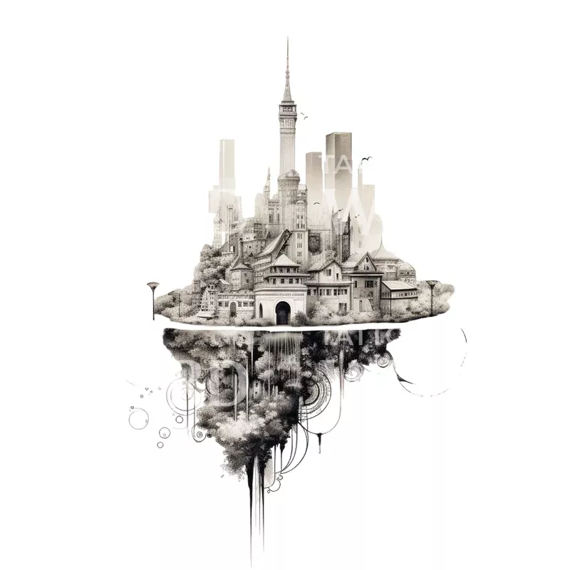 dotwork-imaginary-city-tattoo-design Dotwork Imaginary City Tattoo Design