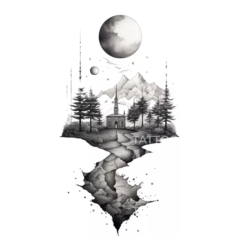 dotwork-mountain-church-moon-tattoo-design Dotwork Mountain Church Moon Tattoo Design
