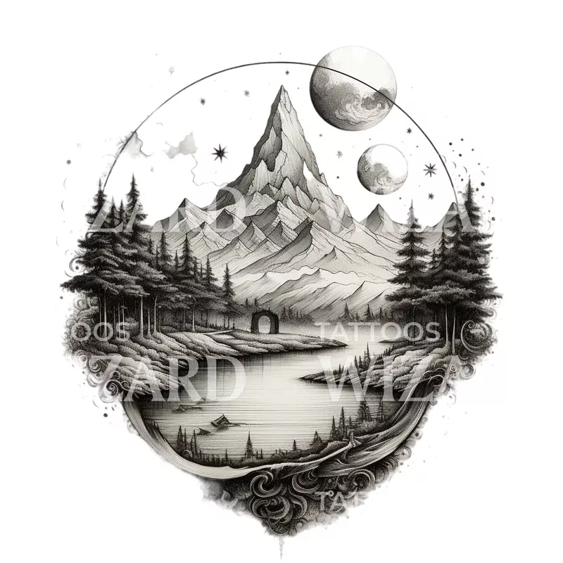 dotwork-mountain-landscape-nature-tattoo-design Dotwork Mountain Landscape Nature Tattoo Design