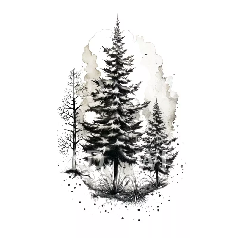 dotwork-pine-trees-tattoo-design Dotwork Pine Trees Tattoo Design
