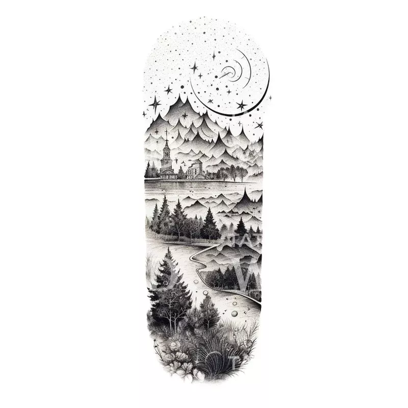 Dotwork Starry Night Landscape Tattoo Design