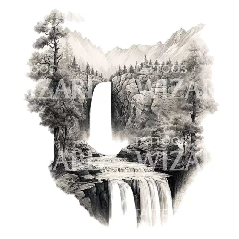 dotwork-waterfall-landscape-tattoo-design Dotwork Waterfall Landscape Tattoo Design