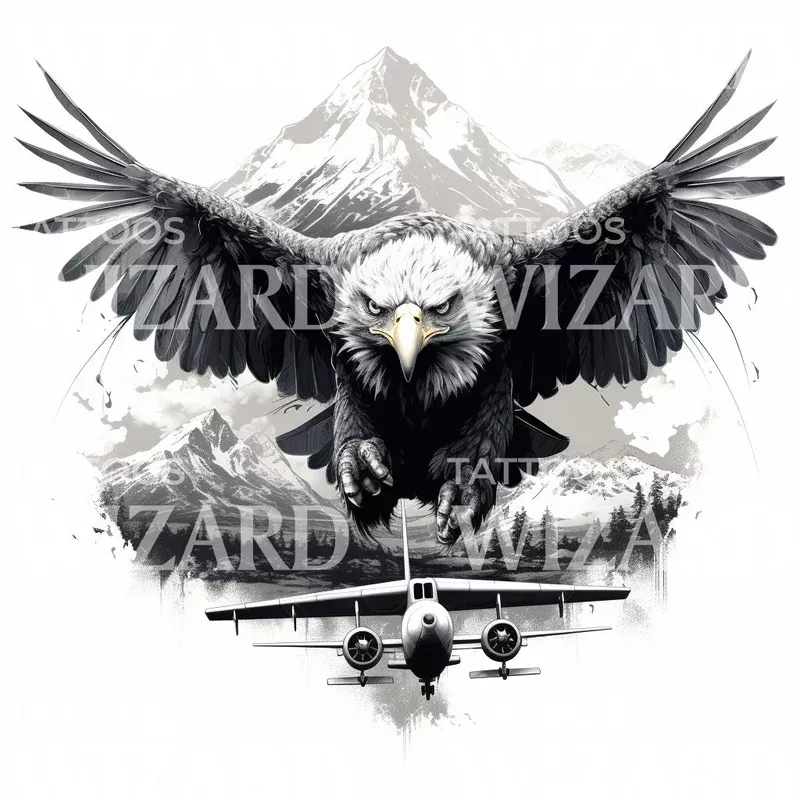eagle-chasing-plane-tattoo-design Eagle Chasing a Plane Tattoo Design