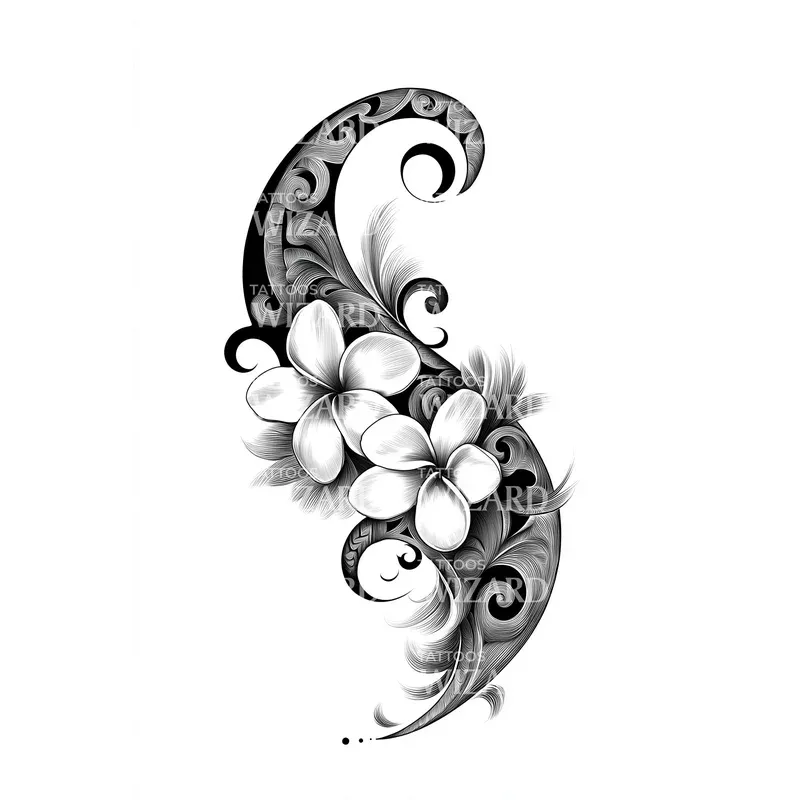 elegant-plumeria-scroll-tattoo-idea Elegant Plumeria Scroll Tattoo Idea