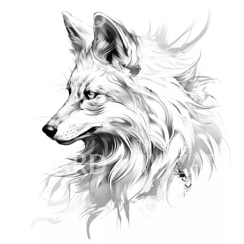 enigmatic-black-grey-fox-tattoo-design Enigmatic Black & Grey Fox Tattoo Design