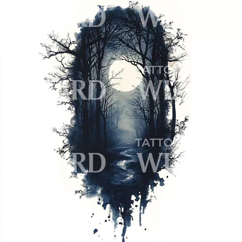 enigmatic-dark-forest-with-moon-tattoo-design Enigmatic Dark Forest with Moon Tattoo Design