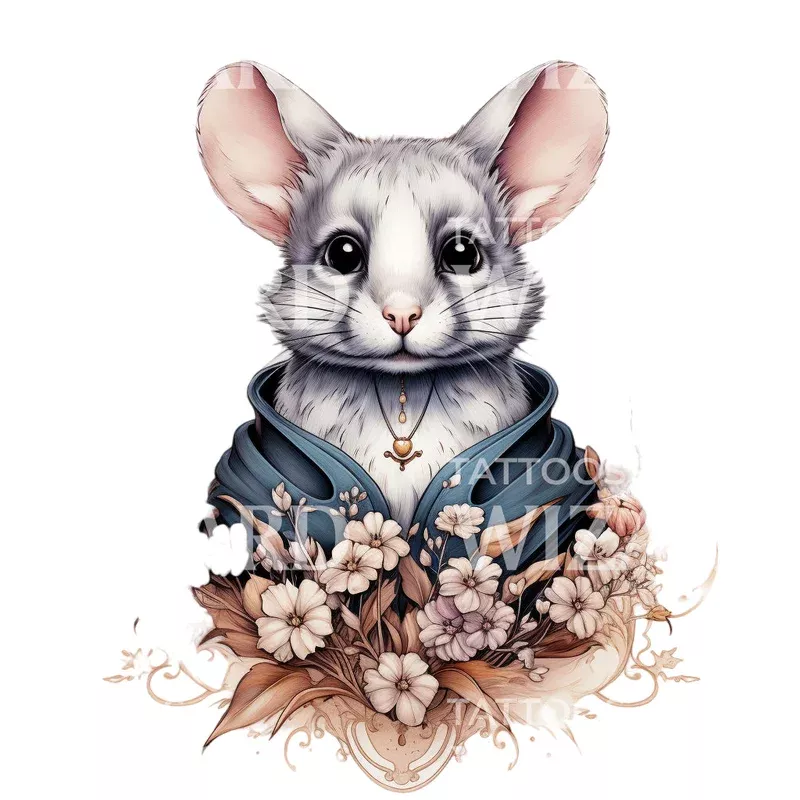 fancy-dressed-mouse-with-flowers-tattoo-design Fancy Dressed Mouse with Flowers Tattoo Design