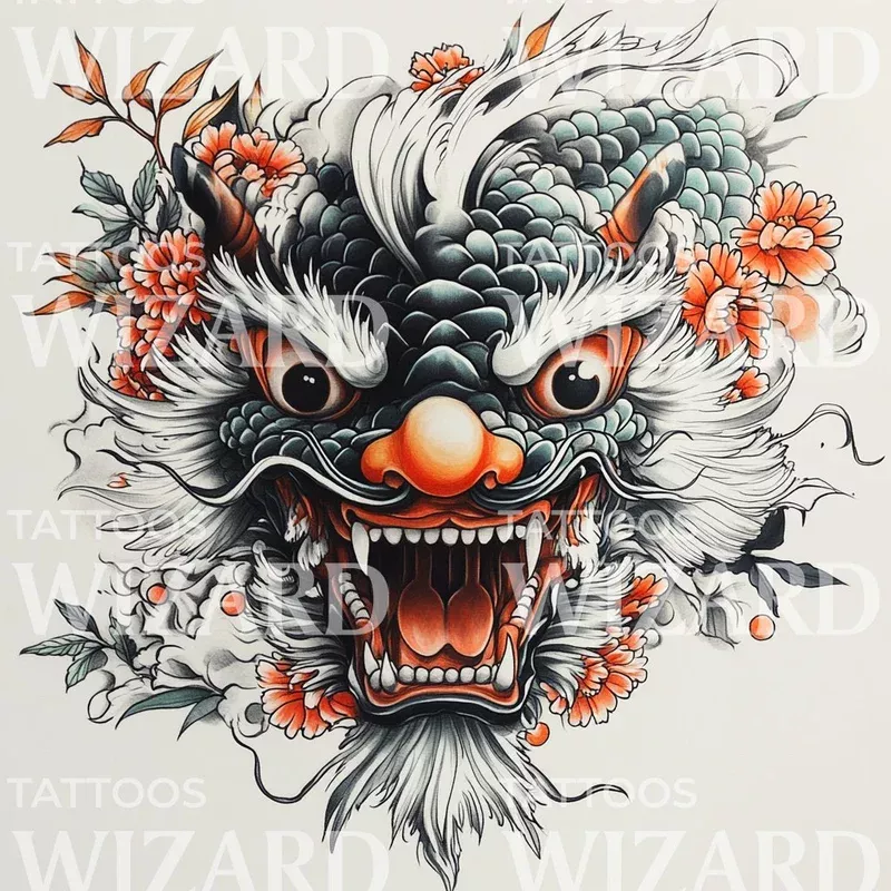 fierce-dragon-mask-tattoo-illustration Fierce Dragon Mask Tattoo Illustration