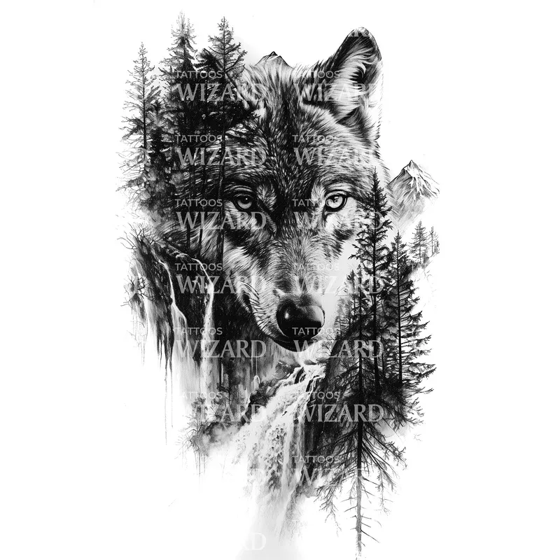 fierce-wolf-in-nature-composition-tattoo-design Fierce Wolf in Nature Composition Tattoo Design