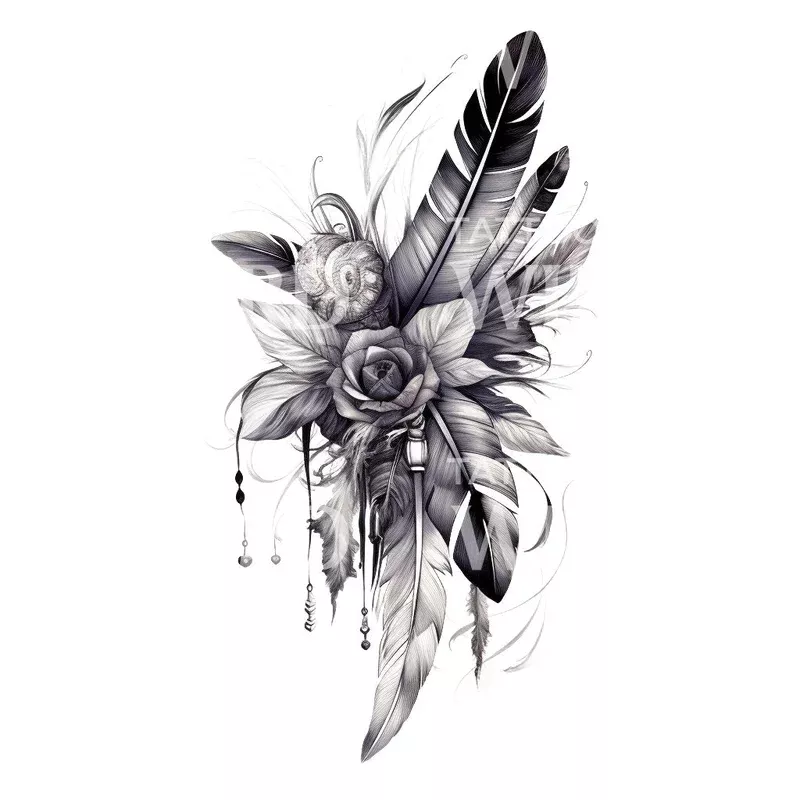 flowers-feathers-tattoo-design Flowers and Feathers Tattoo Design