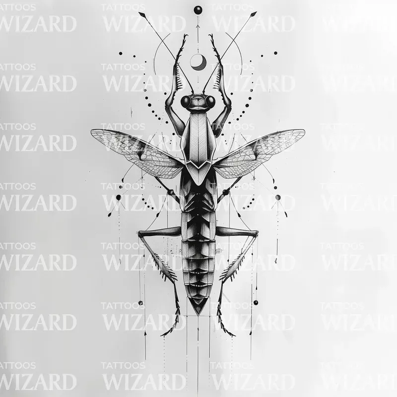 Geometric Praying Mantis Tattoo Design