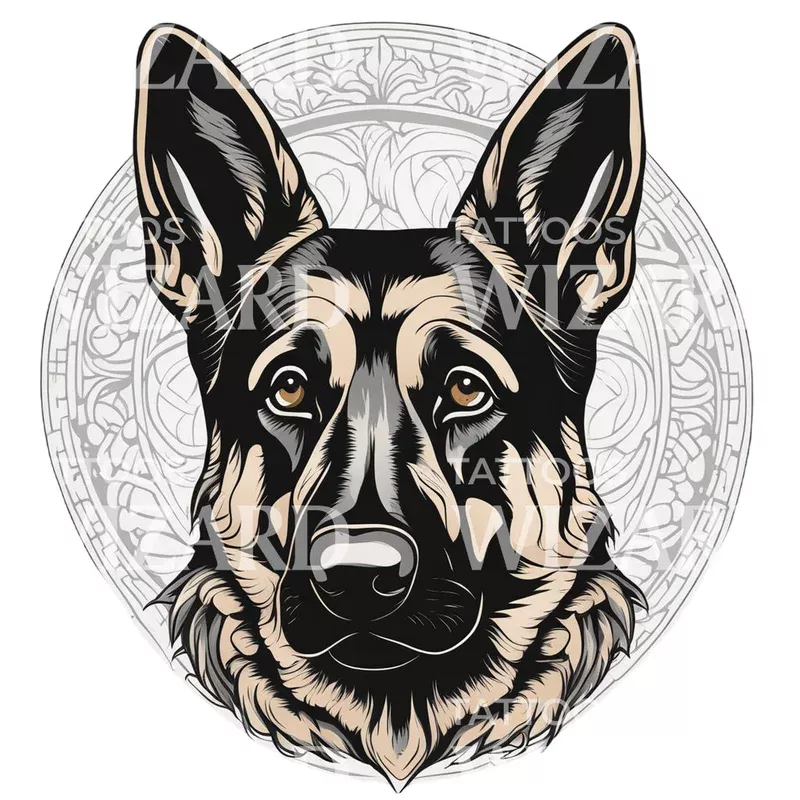 german-shepherd-dog-head-with-circle-patterns-tattoo-design German Shepherd Dog Head with Circle Patterns Tattoo Design