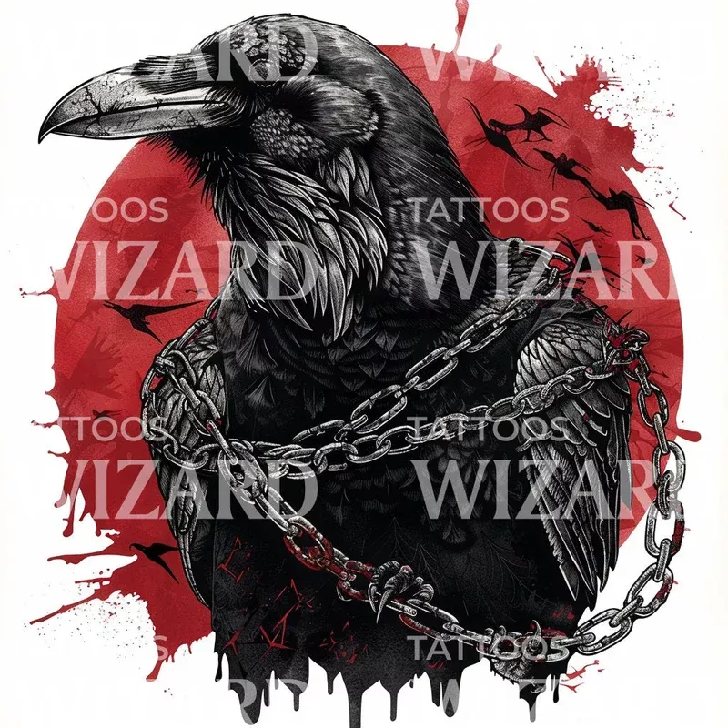 gothic-raven-ensnared-by-chains-tattoo-illustration Gothic Raven Ensnared by Chains Tattoo Illustration