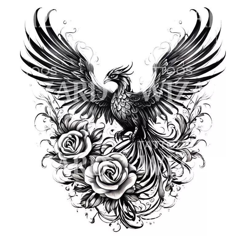 Illustrative Phoenix and Roses Tattoo Design