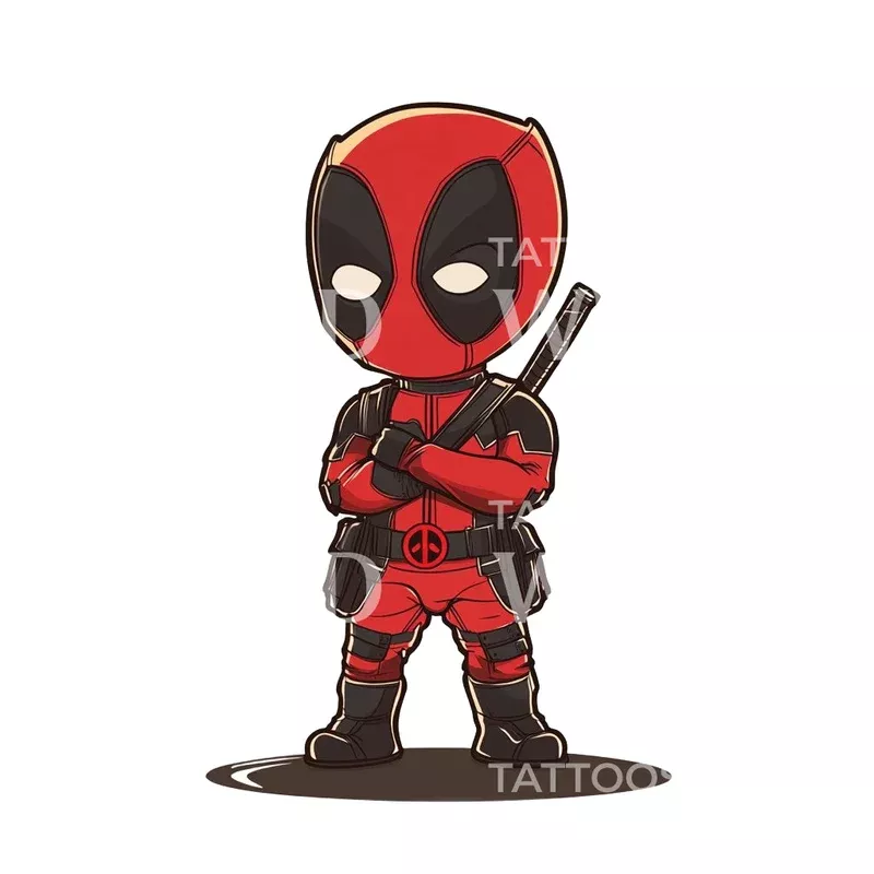 kid-deadpool-with-arms-crossed-tattoo-design Kid Deadpool with Arms Crossed Tattoo Design