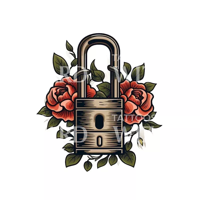 lock-roses-old-school-tattoo-design Lock and Roses Old School Tattoo Design