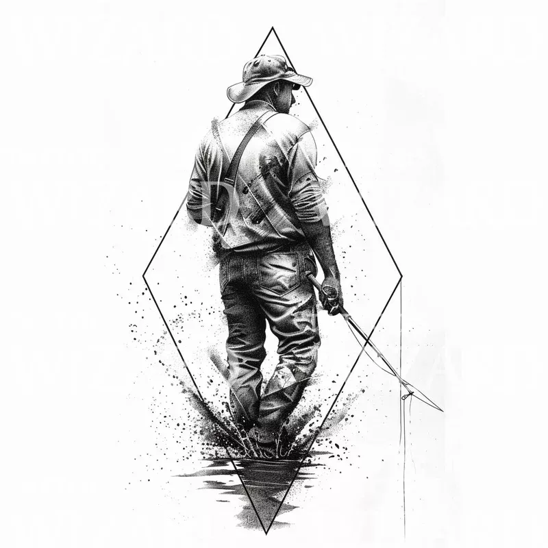 Man Fishing Dotwork Tattoo Design