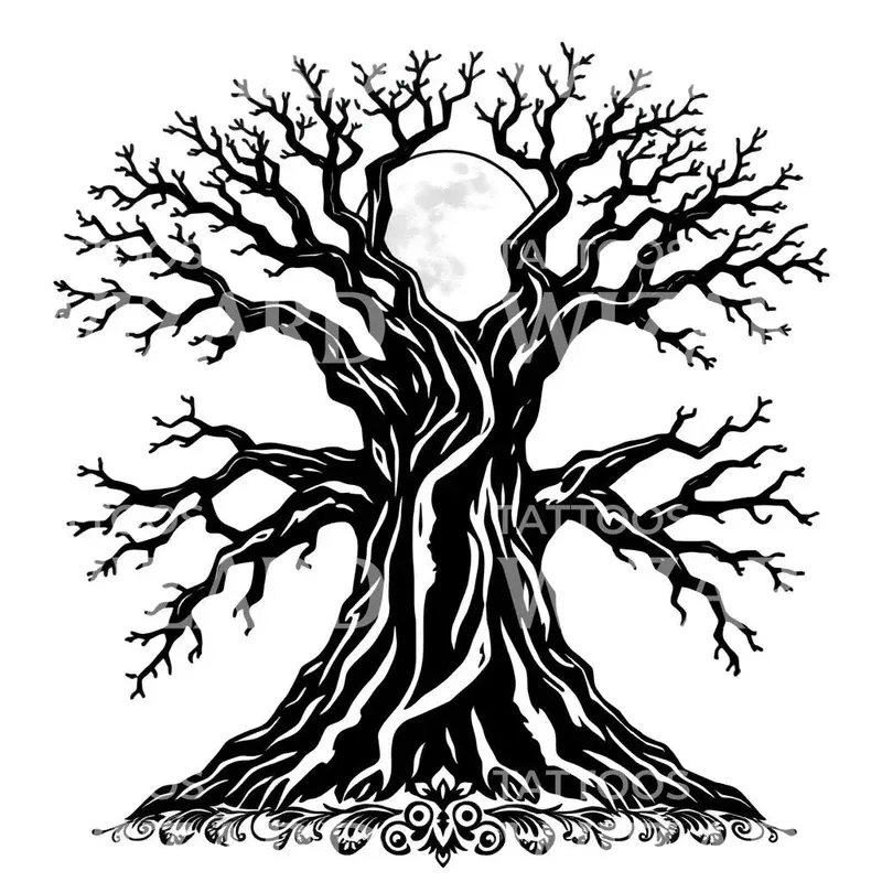 moonlit-gnarled-tree-tattoo-design Moonlit Gnarled Tree Tattoo Design