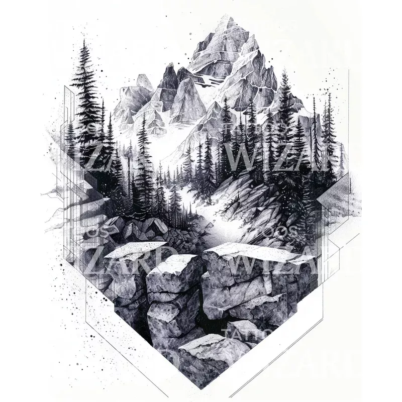 mountain-landscape-geometry-tattoo-design Mountain Landscape and Geometry Tattoo Design
