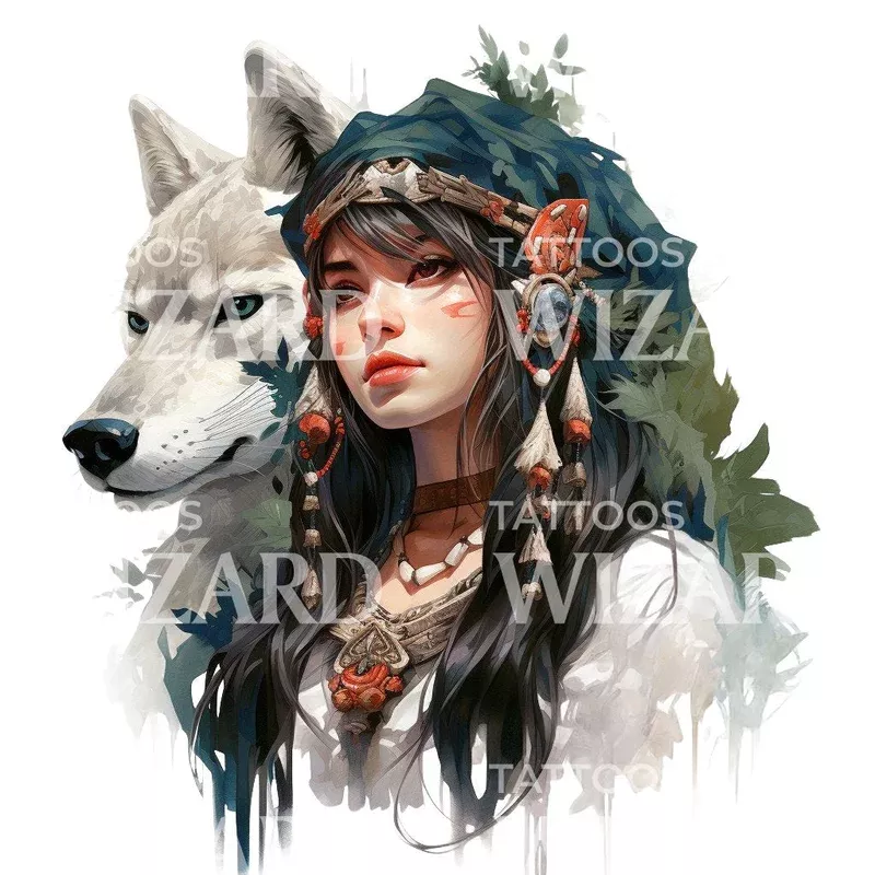 native-princess-with-wolf-tattoo-design Native Princess with Wolf Tattoo Design