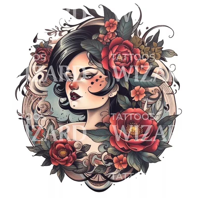neotraditional-woman-with-flowers-design Neotraditional Woman with Flowers Design