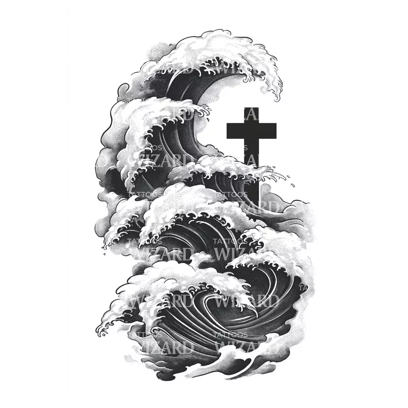 ocean-curl-cross-tattoo-design Ocean Curl Cross Tattoo Design