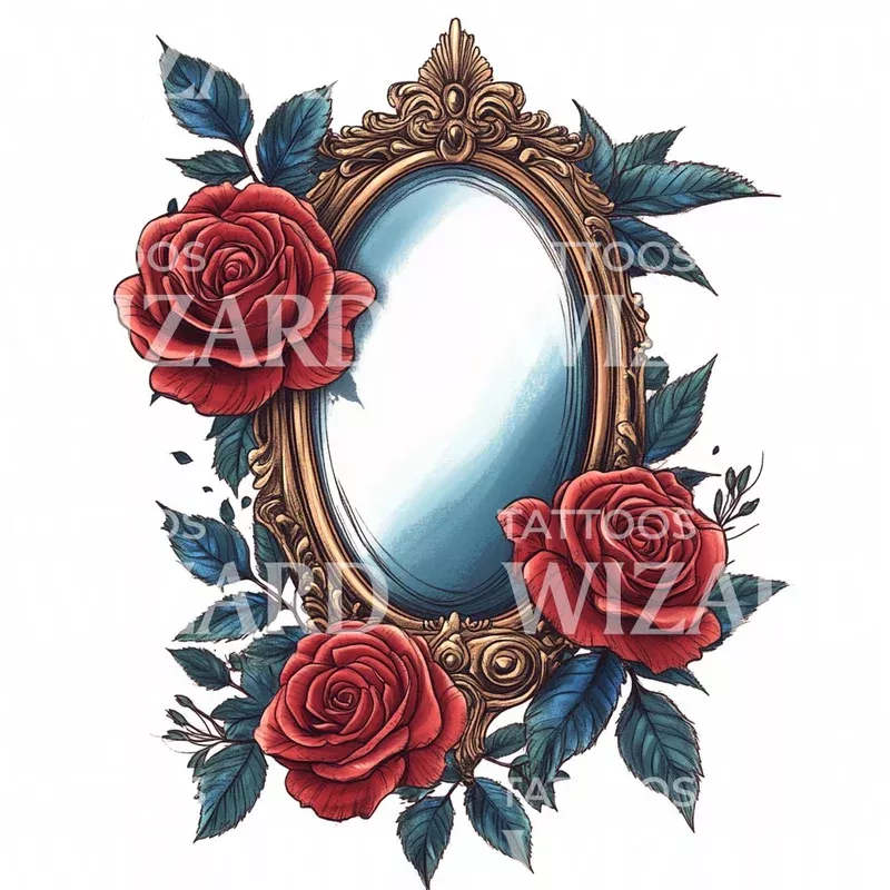 old-mirror-with-red-roses-tattoo-design Old Mirror with Red Roses Tattoo Design